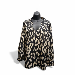 Women's Plus Size Animal Print V-Neck Blouse Black Beige 2XL (JC266)